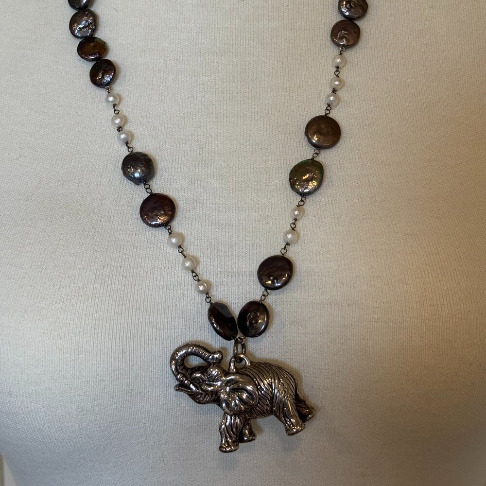Genuine pearl and sterling silver elephant pendant necklace